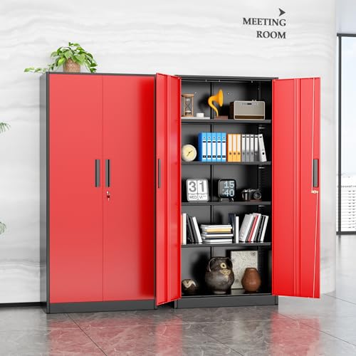 INTERGRAET Metal Storage Cabinet with Adjustable Shelves, Garage Storage Cabinets with Doors and Shelves, File Cabinets for Home Office, Kitchen Pantry Cabinet, 72''H, Black Red - color: Black Red, size: 72" Storage Cabinet