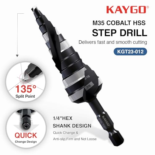 KAYGO M35 Cobalt Step Drill Bit, 1/4" Hex Shank for Metal & Stainless - size: 3/16"- 7/8"