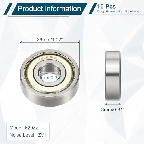 uxcell 10Pcs 629ZZ Deep Groove Ball Bearings, 9x26x8mm Chrome Steel - size: 629ZZ (9x26x8mm)