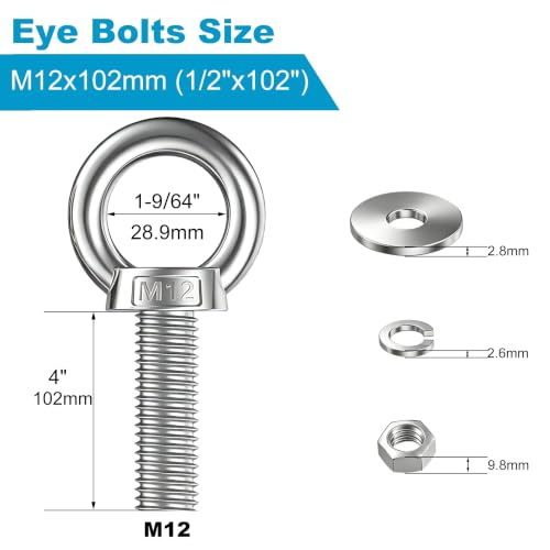 2 Pack M12 Stainless Steel Eye Bolts with Nuts and Washers, 1/2" x 4" Long Lifting Ring Eye Bolt, Heavy Duty Marine Grade 304 Eyebolts for Outdoor String Light Hanging, Tie Down Anchors - size: M12x102mm (1/2"x4")