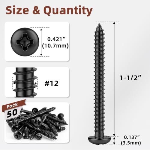 Mellewell #12 x 1-1/2" Pan Head Self Tapping Screw, Pan Head Sheet Metal Screws Wood Screws, Black Finish Stainless Steel 304 (18-8), 50 Pack - color: Black, size: #12 x 1-1/2"