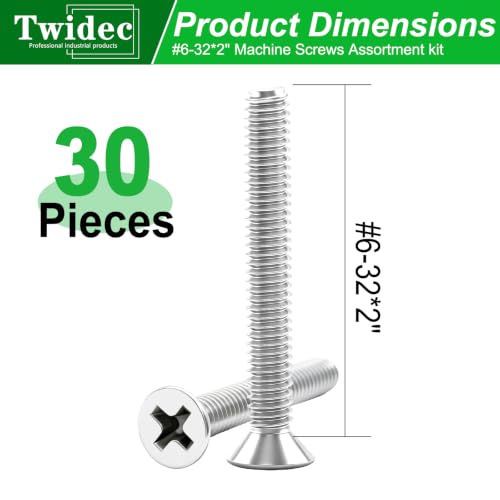 Twidec/#6-32x2 inch Flat Head Machine Screws Assortment kit,30PCS 304 Stainless Steel Phillips Flat Head Electricians Screws Long for Electrical Wall Plate Switch, Receptacles Mounting Screws - size: #6-32x2"