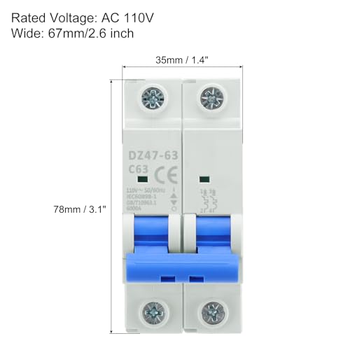 Generic 1Pcs Miniature Circuit Breaker 2P 63A AC 110V DZ47-63 DIN Rail Mount Disconnect Switch Circuit Breaker Protection Thermal Magnetic Trip for Short Circuit Protection, Overload Blue