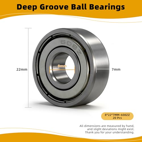 20PCS 608ZZ Deep Groove Ball Bearings Steel 8mm x 22mm x 7mm Miniature Ball Bearing Double Shielded Bearings Pre-Lubricated for 3D Printers Skateboards - size: 608ZZ