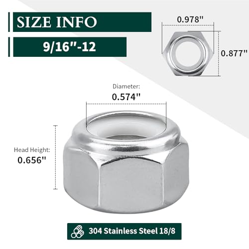 9/16"-12 Nylon Insert Hex Lock Nuts, Allen Hex Drive, 304 Stainless Steel 18-8, Full Thread, Coarse Thread UNC, Pack of 10 - size: 9/16"-12