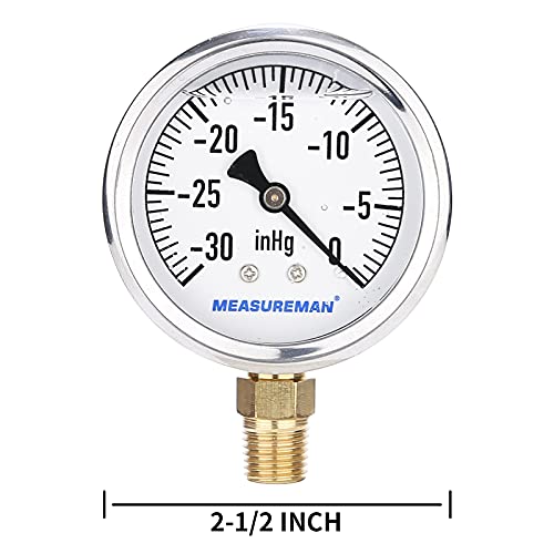 MEASUREMAN 2-1/2inch Dial Size, Glycerin Filled Plumbing Pressure Gauge, 30inHg-0, Stainless Steel Case, 1/4inchNPT Lower Mount - size: 30inHg-0, style: Lower Mount