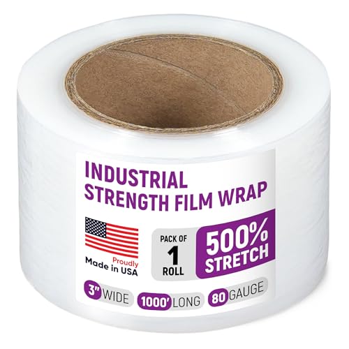 3" x 1000' Industrial Strength Stretch Wrap, Ready to Use Pack of 1 Mini Roll, Clear Plastic Film, 80 Gauge Thick, 500% Elongation – Heavy-Duty Shrink Wrap for Moving, Packing - color: 3" Wide, size: Pack of 1