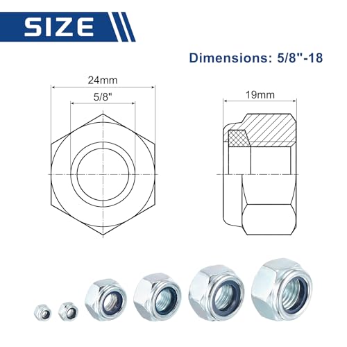 5Pcs 5/8"-18 Nylon Locking Hex Nuts CarbonSteel Blue and White - color: Blue and Whtie, size: 5/8"-18