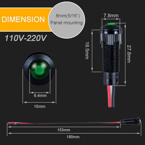 5pcs 8mm LED Indicator Light Plastic Black Signal Dot Lamp 110-220VAC 5/16" Mounting Hole Size with 15cm/5.9in. Wire (Green LED) - color: Green, size: 8mm 110-220V