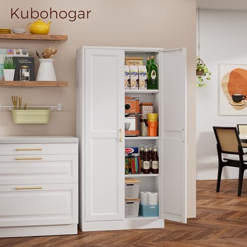 60" Tall Kitchen Pantry Cabinet, Metal Storage Cabinet with Doors - color: White, size: 60"H-Square