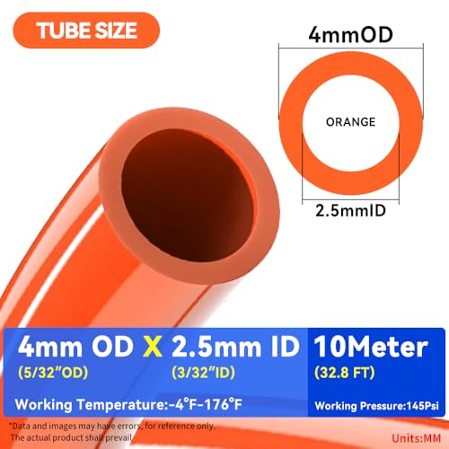 PNEUMATIC Orange 4mm or 5/32 inch OD 2.5mm ID Polyurethane PU Air Hose Pipe Tube 10 Meter 32.8ft - color: Orange, size: 4x2.5mm/32.8FT/10M