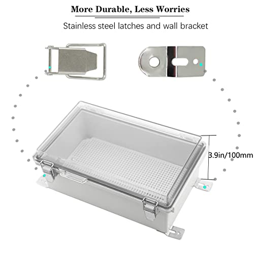 Zulkit Junction Box,IP67 Waterproof Electrical Box Hinged Clear Cover Stainless Steel Buckle Plastic Enclosure for Project w Mounting Plate Wall Bracket and 2 Cable Gland 10.2 x 6.3 x 3.9 Inch - color: Clear Cover, size: 10.2" x 6.3" x 3.9"
