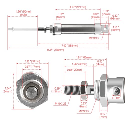 Heschen Stainless Steel Mini Pneumatic Air Cylinder MA 25×50 Bore 25mm Stroke 50mm Single Rod Double Acting