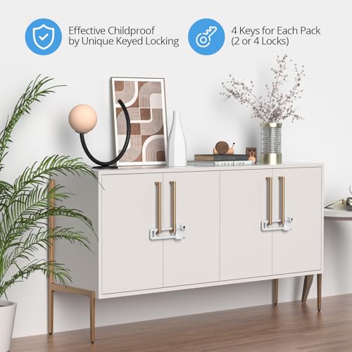 AST Keyed Cabinet Lock, 2 Locks 4 Keys, Key Alike, Childproof Drawer Latch - color: Matte White