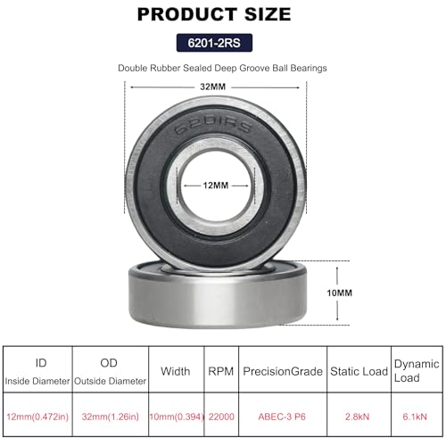 10 Pack 6201-2RS Double Rubber Seal Deep Groove Ball Bearings 12x32x10mm, Pre-Lubricated and Stable Performance and Cost Effective (6201-RS)