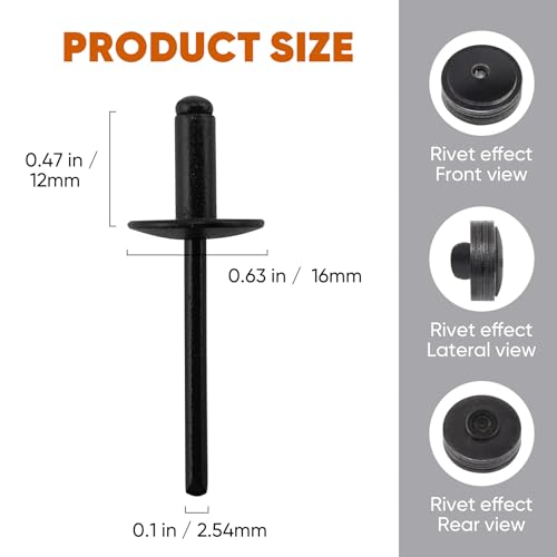 ALLCLEAN 110pcs All Black Large Flange Rivets,3/16 * 1/2" Open End Aluminum Blind Rivets,4.8 * 12 Pop Blind Rivet - color: ALL Black, size: 3/16"*1/2"