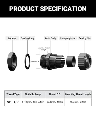 VCELINK 10 Pcs 1/2" NPT Cable Glands Nylon Waterproof, IP68 - size: 1/2"-10pcs