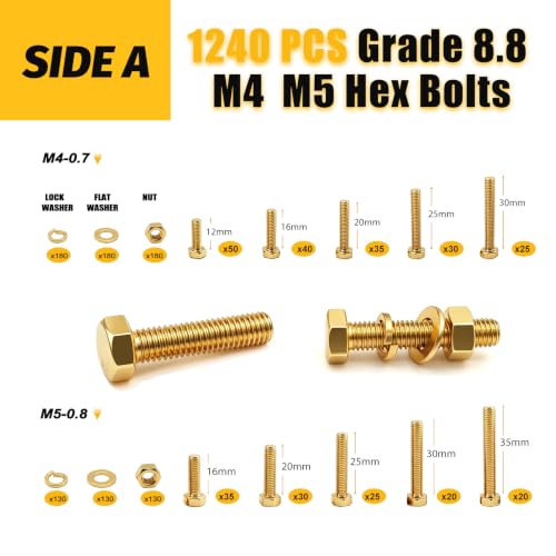 1840Pcs Grade 8.8 Metric Bolt Assortment Kit, M4 M5 M6 M8 M10 Bolts Nuts - size: 1840Pcs M4-M10 Grade8.8 Hex Bolts