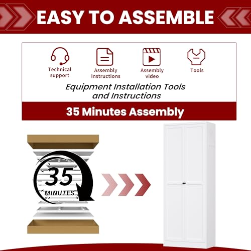 AQY Metal Pantry Cabinet, 72" White Kitchen Storage Cabinet with Doors - color: White, style: H72" - 2 Doors Hooks & Vents