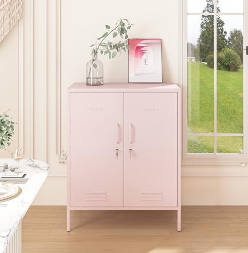 Pink 2-Door Lockable Metal Storage Cabinet, Heavy Duty 3-Tier Tall Locker with Removable Shelves, Multifunctional Accent Cabinet for Home, Office, Entryway & Hallway, Easy Assembly - color: Blush