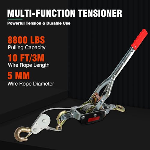 Come Along Winch,4-Ton (8800lbs) Pulling Capacity, Heavy Duty Power Cable Come Along Tool with Dual Gears, 10FT Steel Cable, with 3 Hooks, Automotive Hoist Cable Puller,Hand Winch Cable,Recovery Gear - size: 4 Ton