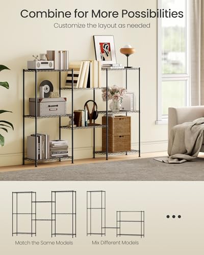 SONGMICS 4-Tier Storage Shelves, Adjustable Wire Shelving Unit, 8 Hooks - color: Ink Black, size: 4 Tiers (11.8"D x 23.6"W)