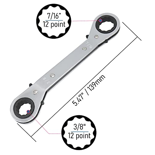 3/8-7/16 Inch Reversible Universal Ratcheting Wrench,Imperial Double Offset Box End, Matte Chrome Plated Cr-V Steel, Heavy-Duty,72 Tooth Ratchet Spanner Crooked for Narrow Spaces - size: 3/8-7/16"