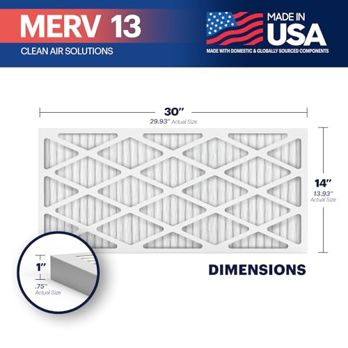 BNX TruFilter 14x30x1 Air Filter MERV 13 (6-Pack) - MADE IN USA - Electrostatic Pleated Air Conditioner HVAC AC Furnace Filters for Allergies, Pollen, Mold, Bacteria, Smoke, Allergen, MPR 1900 FPR 10 - size: 14x30x1 6-Pack