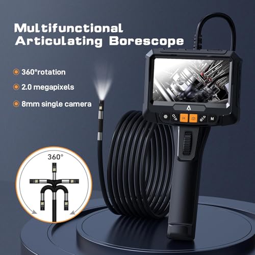 Articulating Industrial Borescope with Light, 360° Endoscope Inspection Camera with Articulated Probe, 1280P Flexible Mechanic Fiber Optic Snake Scope Cam for Wall Automotive Engine Inspect-5FT