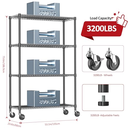 IZEUK Garage Shelving Wide Storage Shelves 4 Tier Metal Shelves 3200 LBS Heavy Duty Adjustable Utility Shelf Rack Black 23.6" D x 53.1" W x 73.6" H - color: Black, size: 4 Tier, 23.6" D x 53.1" W x 73.6" H