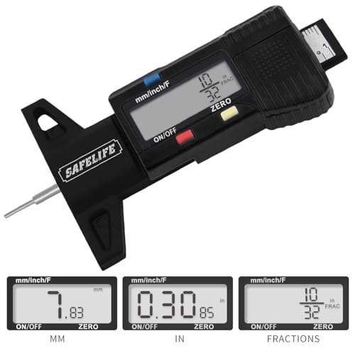SAFELIFE Digital Tire Tread Depth Gauge, 3 Modes-Fractional Inch, Decimal Inch and Millimeter, Zeroable Tire Tread Depth Gauge for Motorcycles,Cars,Trucks Accurate Tyre Tread Depth Gauge-Black - color: black