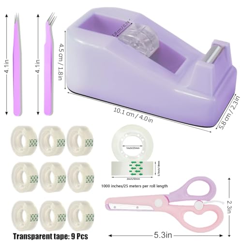 XEUZK Desktop Tape Dispenser Kits with Weighted Nonskid Base Tape Dispenser- Includes 9 Rolls of Transparent Tape(0.71 Inch x 500 inches Each) & Pink Scissors, 2 Pcs Tweezers (Purple) - color: Purple