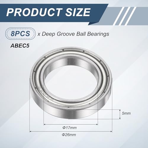 uxcell 8Pcs 6803ZZ 17mmx26mmx5mm Deep Groove Ball Bearings ABEC5 - size: 6803ZZ 17mmx26mmx5mm