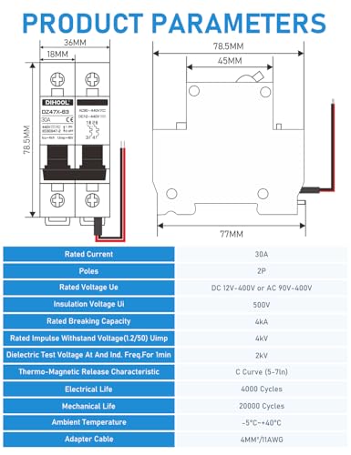 DIHOOL 30A DC Circuit Breaker with Remote Control, 12V-400V DC & 90-400V AC, 2 Pole Miniature Circuit Breaker, DIN Rail Mount Disconnect Switch