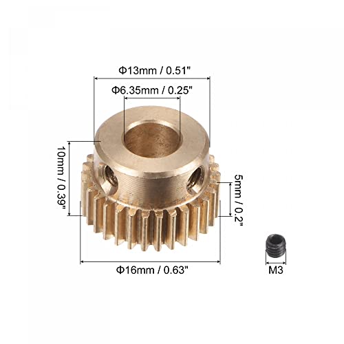 uxcell Pinion Gear Set, Brass Motor Rack Straight Spur Gear with Step, 0.5 Mod 30T 6.35mm Bore 16mm Outer Dia, M3 Set Screws Included