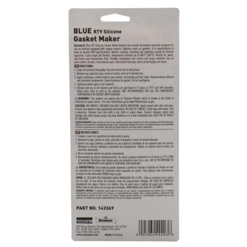 Dynatex 49203 Blue RTV Silicone Gasket Maker, 85g, Single Component RTV, Formed-in-Place Gasketing Compound, Oil and Water Resistant, Remains Flexible, Instant Gasket Maker, Temperature Resistant - size: 3oz