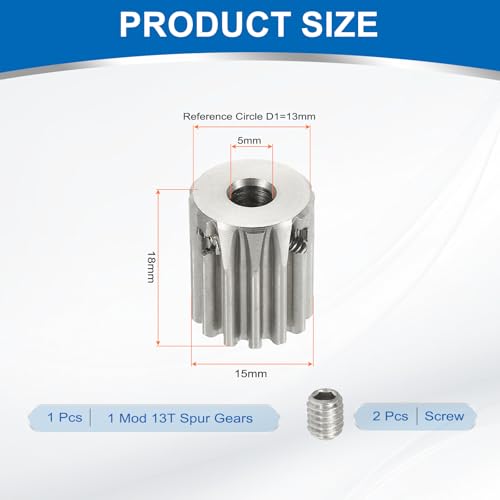uxcell 1 Mod 13T Spur Gear 5mm Bore, 304 Stainless Steel Pinion Gear - size: 1 Mod 13T, 5mm
