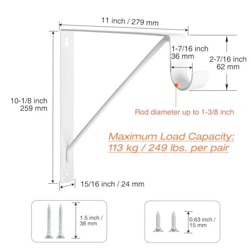 8 Pack Heavy Duty Closet Shelf & Rod Brackets, Wall Mounted Closet Shelf Brackets, 11 x 10.2 Inch Closet Shelf Brackets with Rod Support, White - size: 8 Pack-White