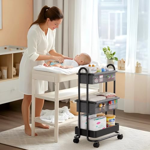 Modanais Baby Diaper Caddy Organizer Cart - 3 Tier Rolling Cart, Black - color: Black