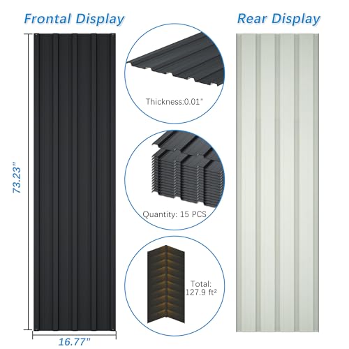 Metal Roof Panels 15 pcs 6.1ft Length Galvanized Steel Corrugated Tin Roofing Panels Gazebo Top Cover Garages,Sheds, Stables and Mobile Homes Replacement for Patio Outdoor Garden, Black - color: Black, size: 15 pcs/L73.23"