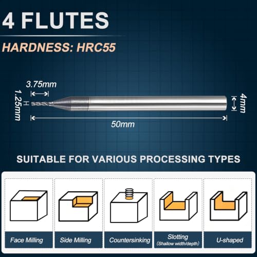 1.25mm Carbide End Mill, 3.75mm Cut L, 50mm L, 4mm Shank, Black - color: Black, size: 1.25mm Dia,3.75mm CL,50mm L,4mm Shank