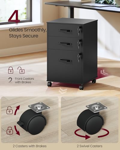 VASAGLE 3-Drawer Mobile File Cabinet, Home Office, Locking, Printer Stand - color: Ink Black, size: 3 Drawers with Lock