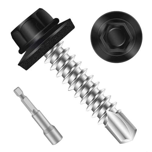 Mellewell #10 x 2 Self Drilling Metal Roofing Screws, Black Hex Head Sheet Metal Roof Screws with EPDM Washer, Hex Socket Included, 100 PCS - color: Black, size: #10 x 2"