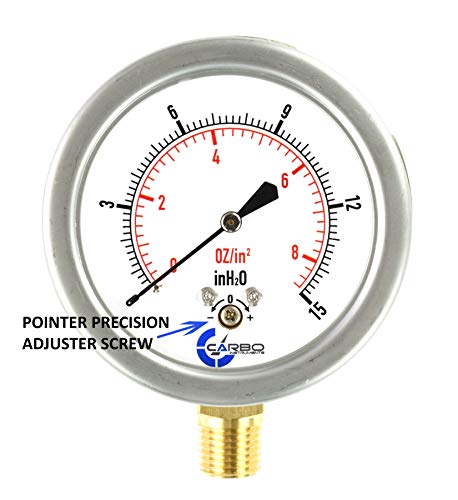 Diaphragm Low Pressure Capsule Gauge, 2-1/2" Dial, 0-8 oz/0-15in H2O Range, 1/4" NPT Lower Mount, Stainless Steel Case, Brass Internals, Adjustable, Dual Scale 8 oz/15 inH2O (IWC) - size: 0-8 oz/0-15in H2O
