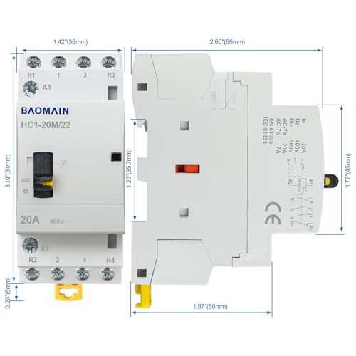 BAOMAIN 110V 4-Pole 20A Manual/Auto AC Contactor,2NO2NC,DIN Rail Mount