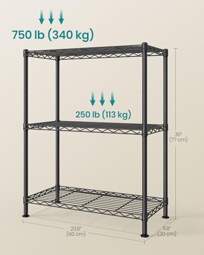 SONGMICS 3-Tier Storage Shelves, Adjustable Wire Shelving Unit, 8 Hooks - color: Ink Black, size: 3 Tiers (11.8"D x 23.6"W)