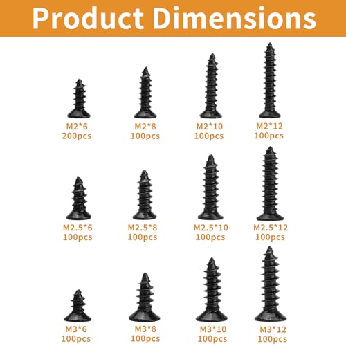1300 Pcs Black Wood Screws Kit - M2 M2.5 M3 Flat Head Self-Tapping - color: black
