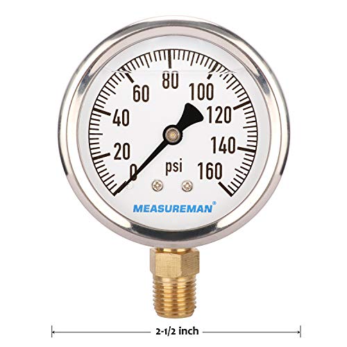 MEASUREMAN 2-1/2" Dial Size, Glycerin Filled Plumbing Pressure Gauge, 0-160psi, Stainless Steel Case, 1/4" NPT Lower Mount - size: 0-160 psi, style: Lower Mount