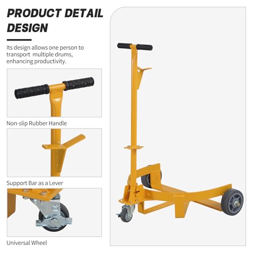 55 Gallon Drum Dolly, Heavy Duty Oil Drum Caddy Cart Barrel Dollies, 1200 lbs Load Capacity, Steel Drum Dolly with Adjustable Handle for Warehouse, Factory, Workshop