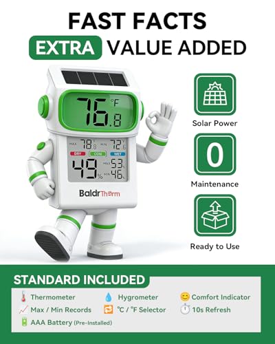 BALDR Solar Indoor Thermometer Hygrometer, Max/Min, Comfort Meter (White) - color: White